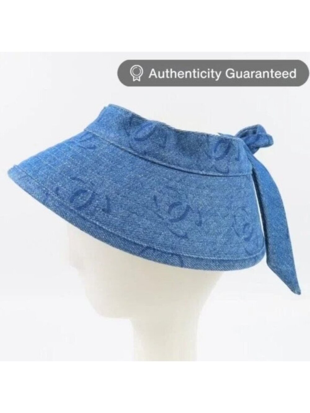 Chanel CC Denim Hat Sun Visor Ribbon Tie Wide Brim Bucket Cap Vintage